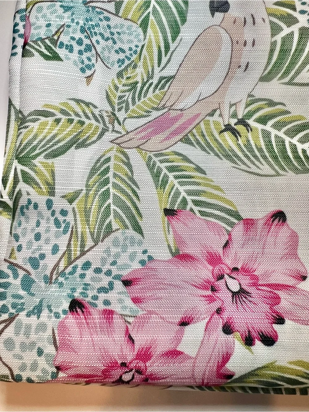 Tropical Parrots Fabric Shower Curtain Pink Blue Green Flowers Leaves Birds